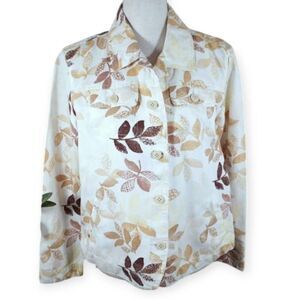 CROFT & BARROW CREAM & BROWN LEAF PRINT SHIRT JACKET SZ.M EUC